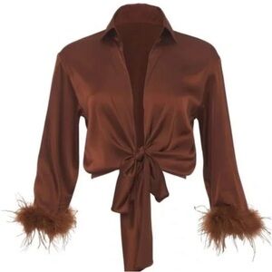 Rumored feather sleeve silk top, In color rust, size M